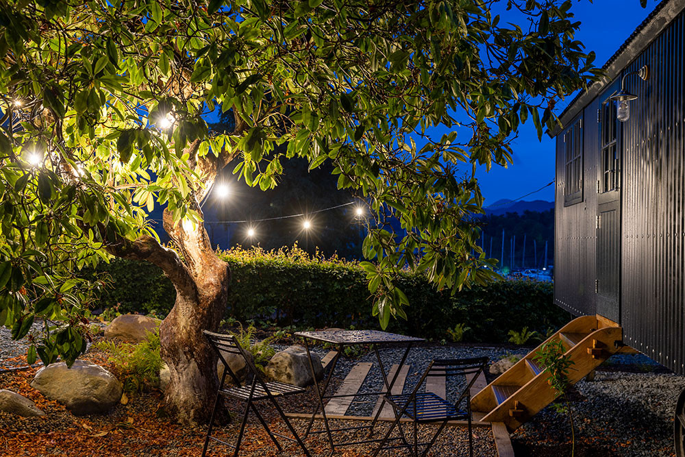 shepherds hut at dusk