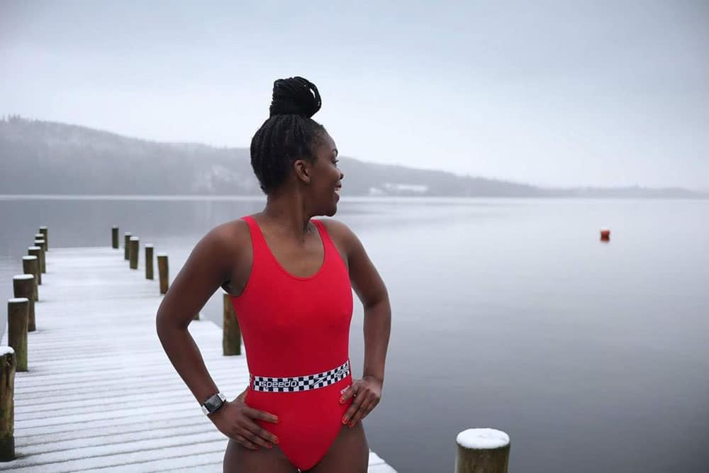 Winnie potty cold water swimming snow jetty