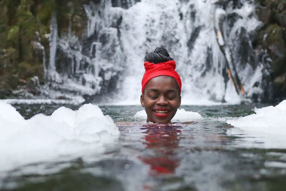 Winnie poaty cold water swimming ice waterfall