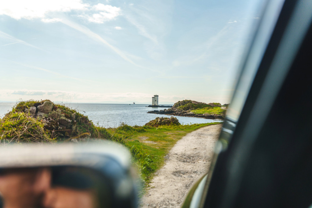 Looking out of a land rover window exploring Islay