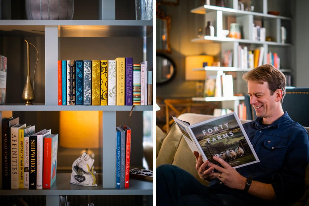 image of bookcase and a man reading