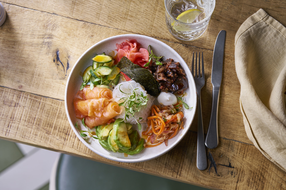 Salmon rice bowl served in The Living Space at Another Place The Lake